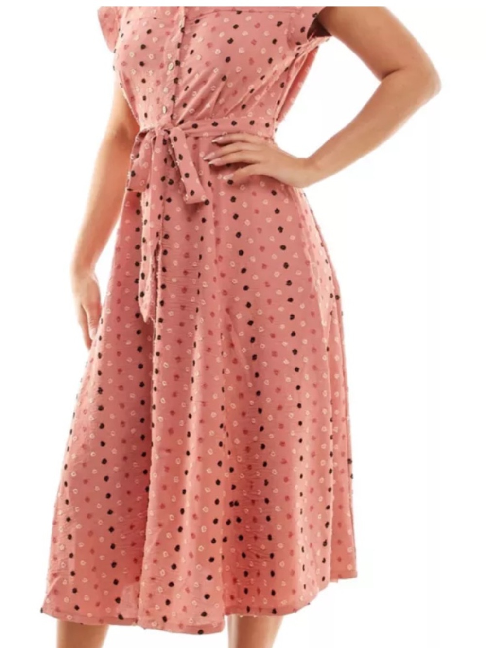 Nina Leonard 60’s inspired Swiss dot collared button belted waist midi Dress